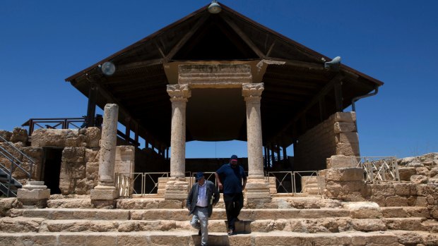 Yehuda Shaul and Colm Toibin visit the archaeological park near the occupied West Bank village of Susiya.