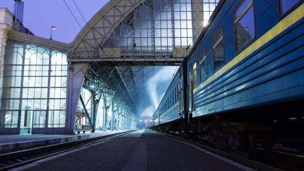 Lviv train station in Ukraine.