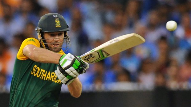 South Africa's captain A.B. de Villiers goes on the attack during his brief innings of 30.