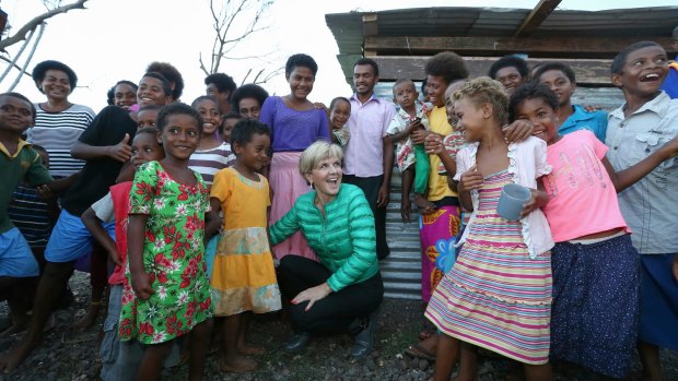 Foreign Minister Julie Bishop meets with locals during a visit to bring Australian aid to Fiji after Tropical Cyclone Winston.