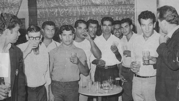 Charles Perkins (second from right) and his Freedom Riders visit the Burlington Hotel in Haymarket, 1965. 