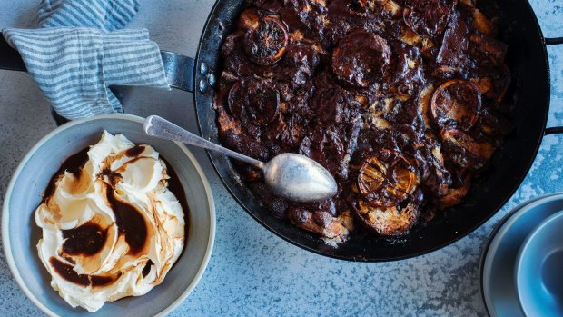 Burnt orange and chocolate bread-and-butter pudding.