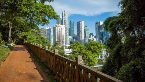 A view of downtown Singapore from the Fort Canning walking path.