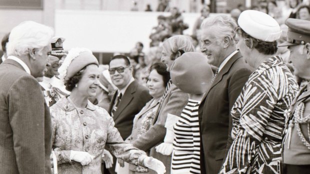 The Queen, with Governor-General Sir John Kerr, meets Gough Whitlam. 