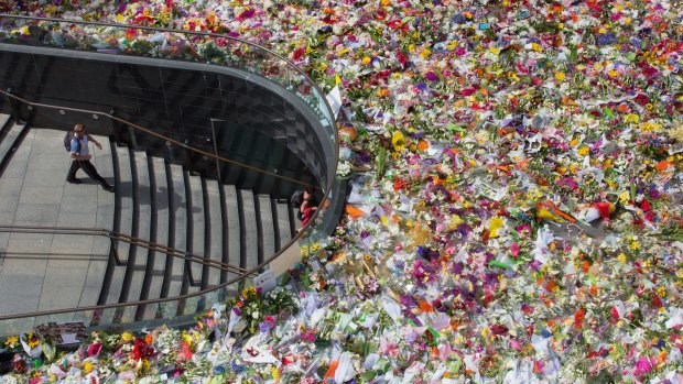 Thousands of floral tributes left in Martin Place following the Lindt cafe siege in 2014.