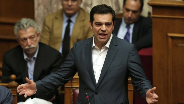 Greek Prime Minister Alexis Tsipras sells the bailout deal in the Greek parliament on Thursday. 