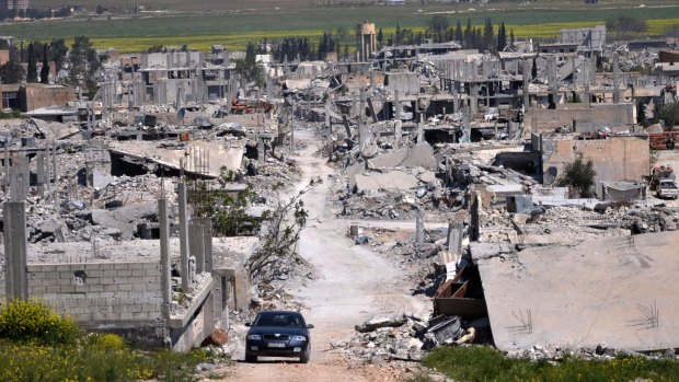 An area of Kobani in north Syria  destroyed during the battle between the US-backed Kurdish forces and the Islamic State fighters, in Kobani, north Syria.