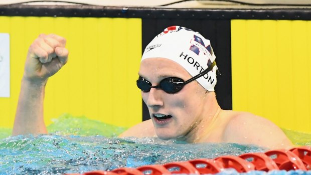 Mack time: Mack Horton celebrates winning the men's 400m freestyle during day one of the Australian Swimming Championships in Adelaide.