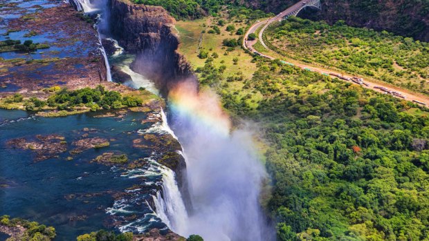 Rainbow over Victoria Falls in Zimbabwe.