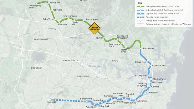 A map of the new metro line from Sydney's north-west to the south-west via the CBD.