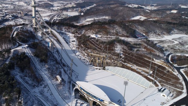The Alpensia Ski Jumping Center, the venue for the ski jump competition at the 2018 Pyeong Chang Winter Olympics, east of Seoul. 