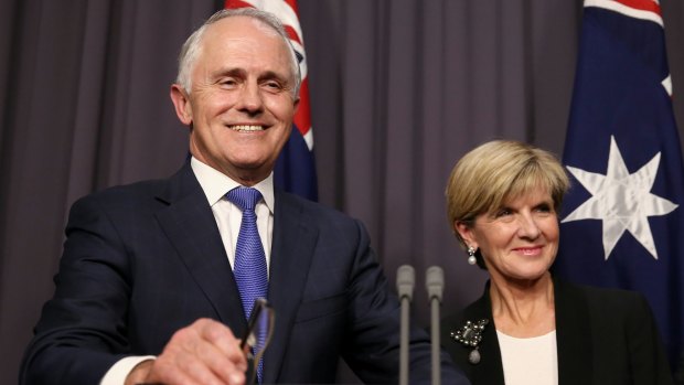 Prime Minister-designate Malcolm Turnbull and Deputy Leader Julie Bishop at Monday night's press conference following the Liberal leadership ballot.
