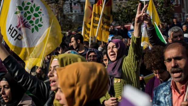 Supporters of the pro-Kurdish People's Democratic Party (HDP) at a rally to protest earlier detentions in Istanbul on October 30.