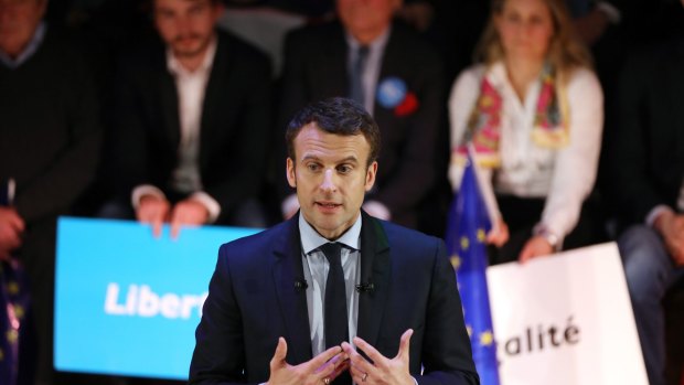Emmanuel Macron, French presidential candidate, speaks during a meeting with French expatriates in London on Tuesday.