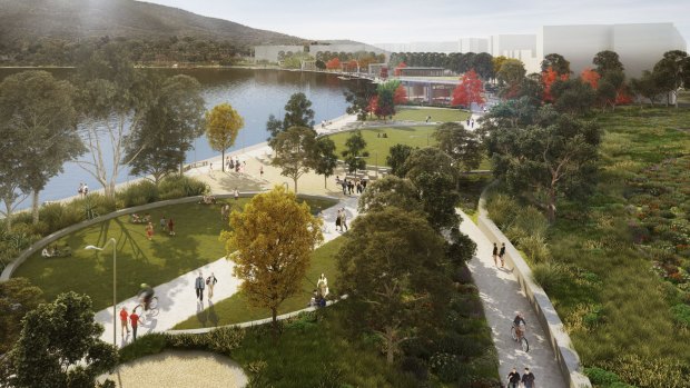 An artist's impression of the park to be developed as the first stage of the ACT government's City to the Lake development at West Basin.