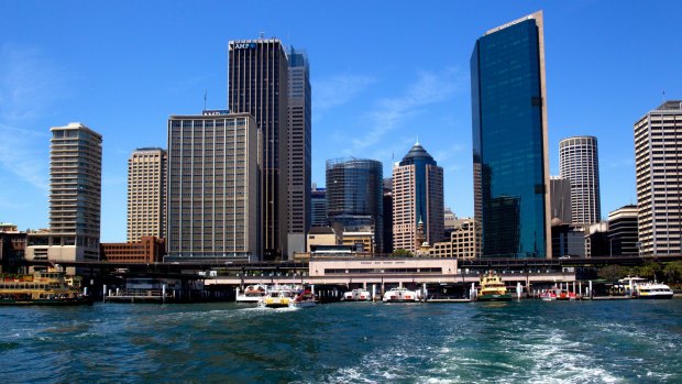 Circular Quay with the Cahill Expressway as seen from a Sydney ferry.