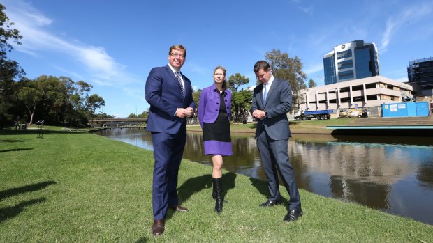 NSW Premier and Minister for Western Sydney, Mike Baird, Deputy Premier and Minister for the Arts, Troy Grant, and the newly appointed Director of the Powerhouse Museum, Dolla Merrillees, take a walk on the riverside.
