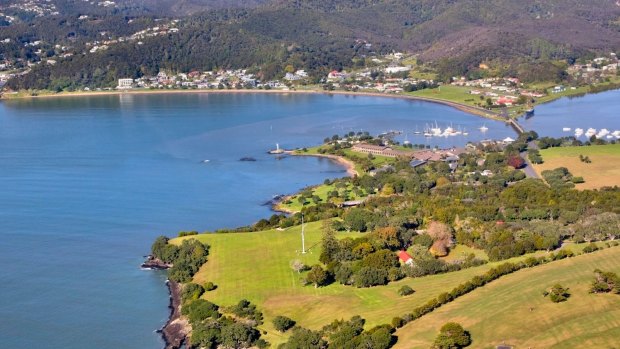 The Waitangi Treaty Grounds and the town of Paihia in the Bay of Islands, New Zealand. 