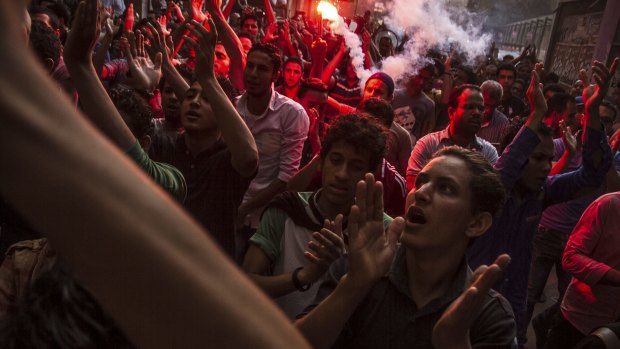 Supporters of the Muslim Brotherhood chant slogans against the Egyptian government on Tuesday.