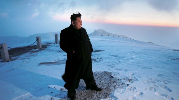 North Korean leader Kim Jong Un at the summit of Mt Paektu in April 2015, as claimed by the country's news agency.