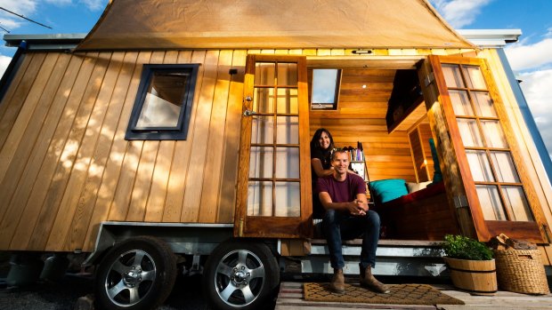 Stuart Dakin and Leah Stephens in their tiny house in the Yarra Valley.