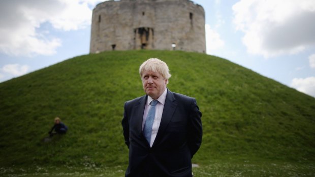 Boris Johnson MP next to Clifford's Tower in York during the Brexit Battle Bus tour.