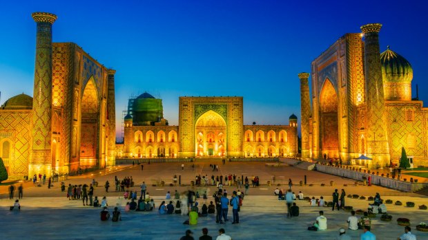 Registan, an old public square in Samarkand, Uzbekistan. Tourism is growing rapidly in central Asia. 