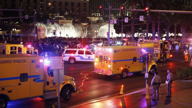 Police and emergency crews at the scene of a car accident along Las Vegas Boulevard. 