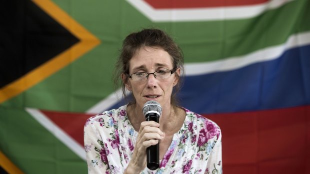 Yolande Korkie, a former hostage and wife of Pierre Korkie, holding a press conference in Johannesburg to appeal for the release of her husband held in Yemen in January. 