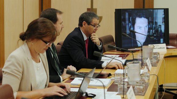 Senator Stephen Conroy asks a question of Dr Ziggy Switkowski, executive chairman of NBN Co, during the Senate Select Committee hearing on the NBN on November 29.