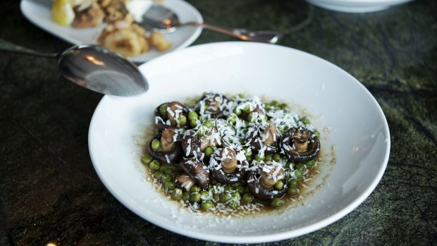 Swiss brown mushrooms with green peas, mint, and ricotta.