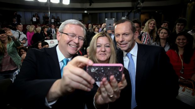 Nada Makdessi takes a selfie with then Prime Minister Kevin Rudd and Opposition Leader Tony Abbott in 2013.