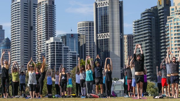 People attend a yoga class at the opening of Barangaroo Reserve.