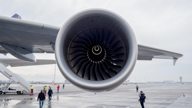 The enormous Airbus A380 aircraft wing and Rolls-Royce turbine jet engine. 