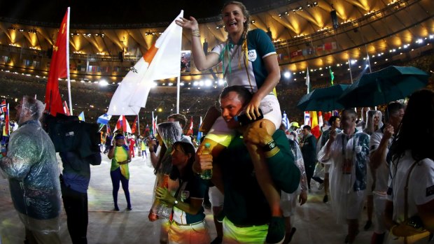 Closing time: The Australian team enters for the Rio Olympics closing ceremony.