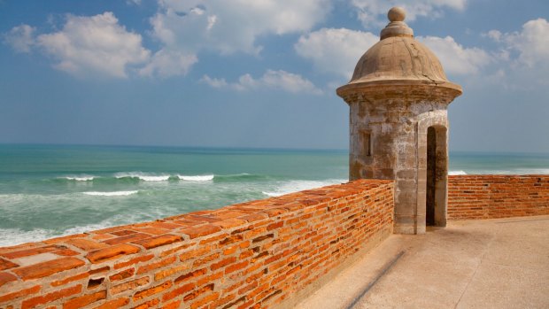 A sentry box overlooking the sea at the San Cristobal Castle in san Juan, Puerto Rico, West Indies.