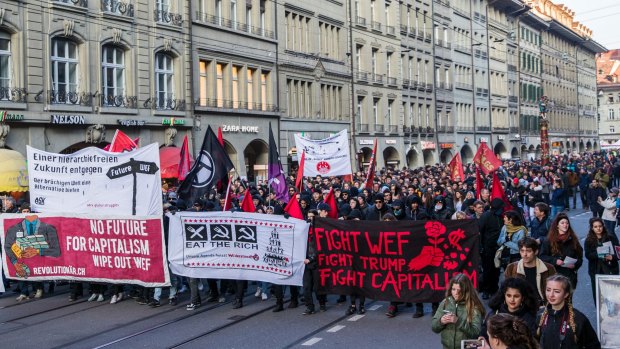Anti-capilalism demonstrators protest against the upcoming World Economic Forum and US President Donald Trump's visit, in Bern, Switzerland, last week.