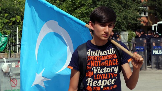 Uighur boy last week with a flag of East Turkestan, the term separatist Uighurs and Turks use to refer to the Uighurs' homeland in China's Xinjiang region.