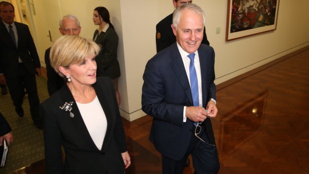 Malcom Turnbull and his deputy, Julie Bishop, following the leadership ballot at the Party Room on Monday night.