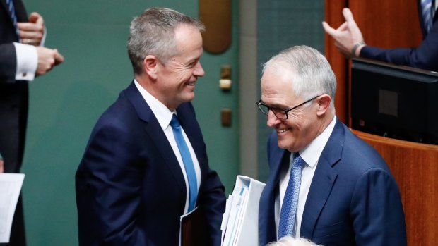 Opposition Leader Bill Shorten and Prime Minister Malcolm Turnbull cross paths in Parliament. 