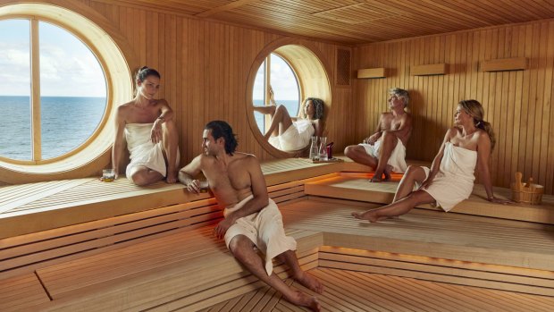 The sauna at Redemption Spa onboard.