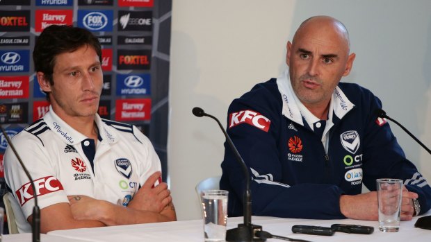 Melbourne Victory captain Mark Milligan and coach Kevin Muscat speak to the media on Saturday.
