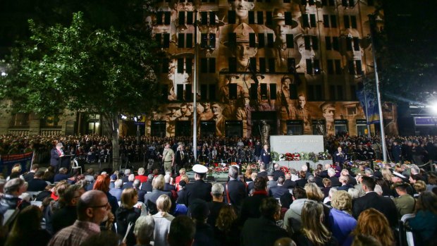 Projections at the Anzac Day dawn service in Sydney's Martin Place on 25th April, 2015.