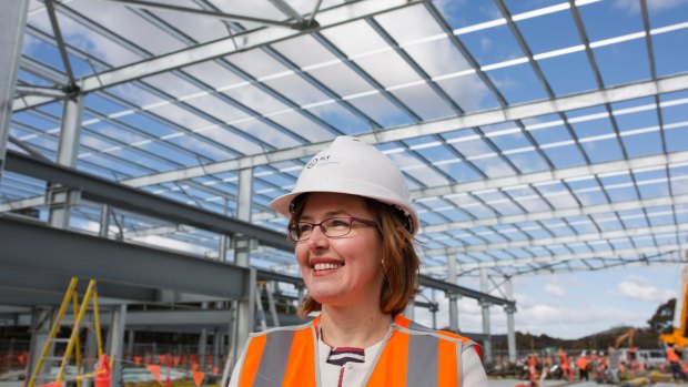 ACT transport minister Meegan Fitzharris at the Maintenance Building at the light rail's Mitchell depot on Wednesday. Ms Fitzharris said light rail construction is progressing well. 