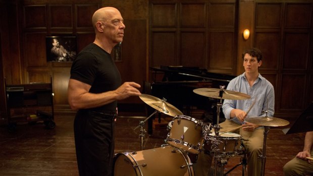 Terence Fletcher (J.K. Simmons), is a terrifying teacher and Andrew Neiman (Miles Teller) an ambitious young drummer in <i>Whiplash.</i>