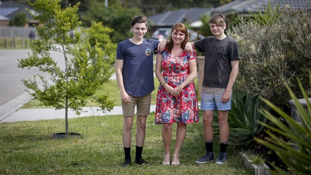 The Mayor of Frankston, Sandra Mayer, with her two sons, Lachlan and Joshua, at their home in Skye.