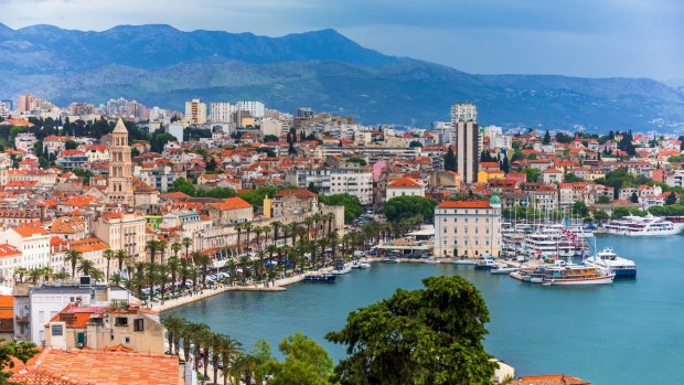 View of Split city, Diocletian Palace and Mosor mountains in background. 