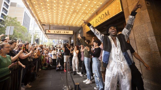 The cast of Hamilton perform outside Her Majesty's Theatre for fans last month prior to the opening of the show.