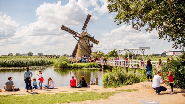 Old windmills in Kinderdijk village, The Netherlands.