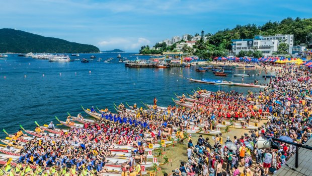 Dragon Boats Festival race in Stanley Beach, Hong Kong.